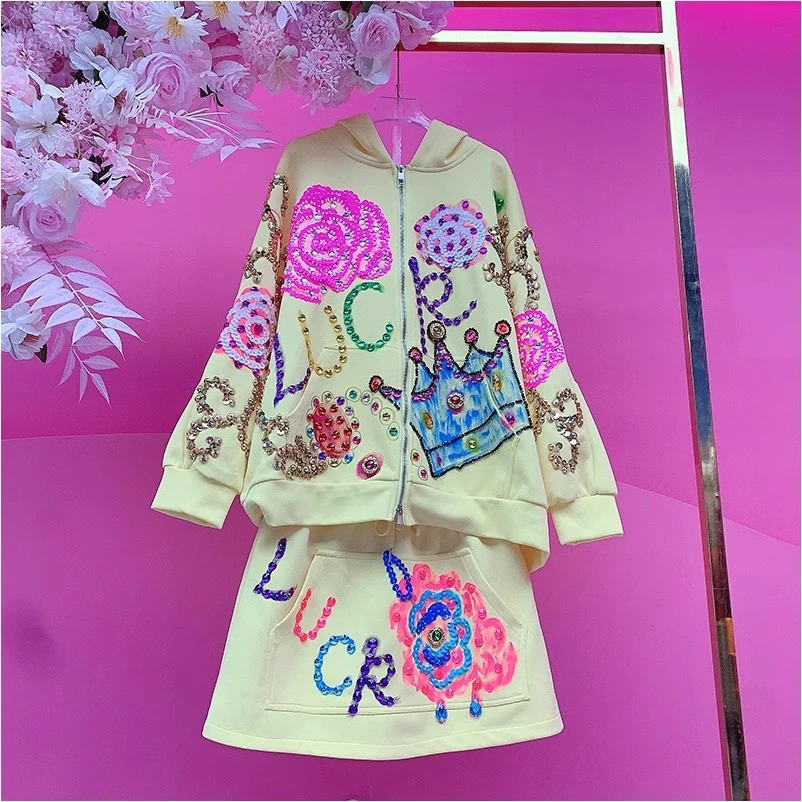 QD1271欧美设计师2025春夏新款重工钉钻刺绣花朵字母时尚套装裙女