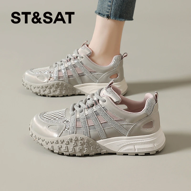 星期六复古透气女鞋2025新款夏季跑步时尚老爹鞋内增高网面运动鞋