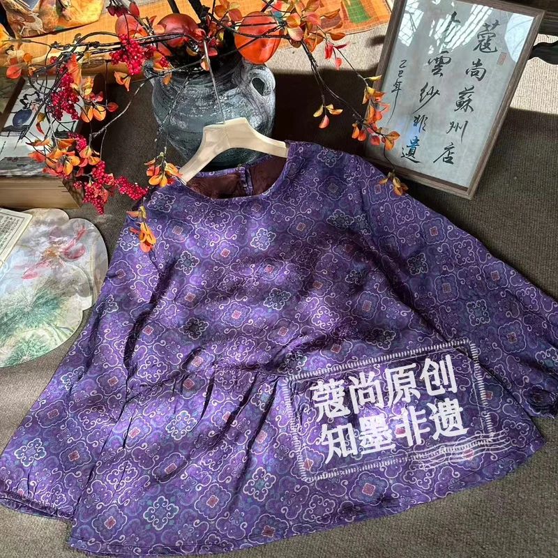 秋季新款新中式国风宽松显瘦如意凤尾花纹圆领上衣