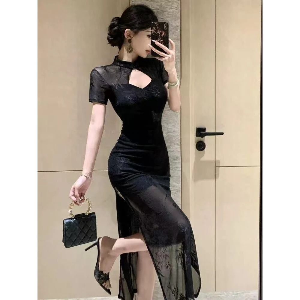 （大嘴）大码定制冰丝提花软蕾丝高级显瘦旗袍裙长短款9283+9287