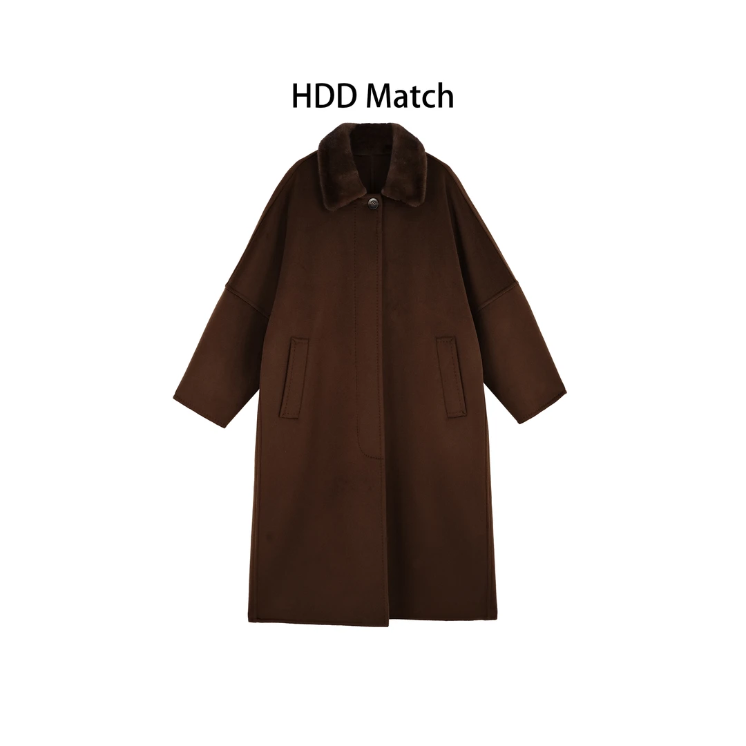 HDD- "甄选大衣" 绵羊毛 冬季女款水貂毛领拼接长款大衣外套Y9479