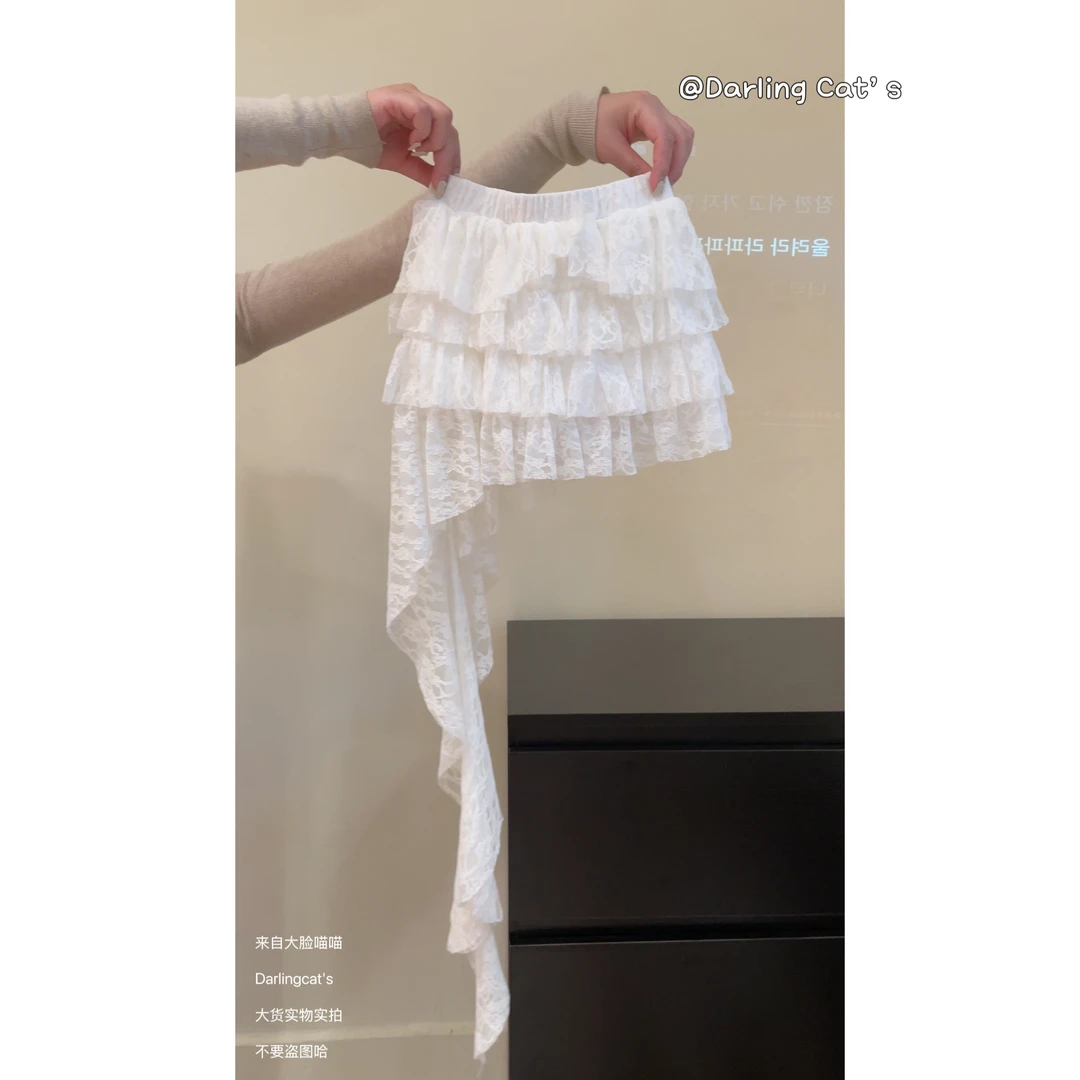 大脸喵 流浪少女 白色蕾丝短裙女夏A字蛋糕裙蓬蓬裙
