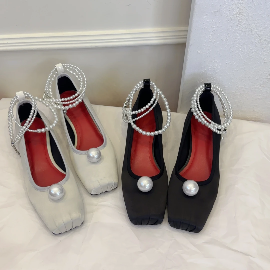 【王二今】桑蚕丝/3CM/猪鼻子法式珍珠玛丽珍浅口芭蕾舞单鞋女Z1050