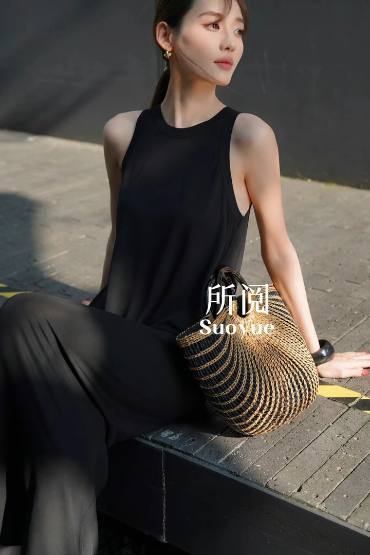 日本进口面料时尚连衣裙无袖纯色圆领气质春夏女士显瘦长裙高腰