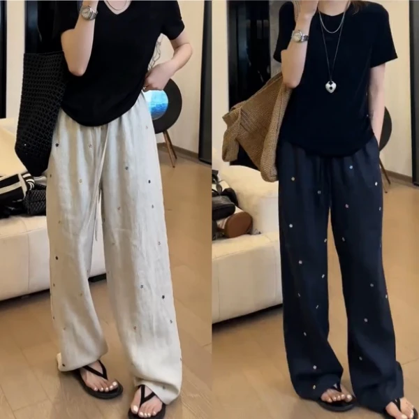 洋气刺绣窄版直筒休闲裤麻裤女夏季薄款大码微胖宽松显瘦拖地长裤