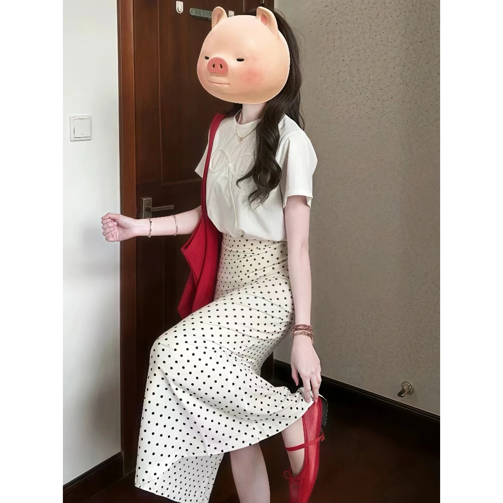 夏季新款穿搭白色蝴蝶结短袖T恤+高腰波点半身裙显瘦两件套