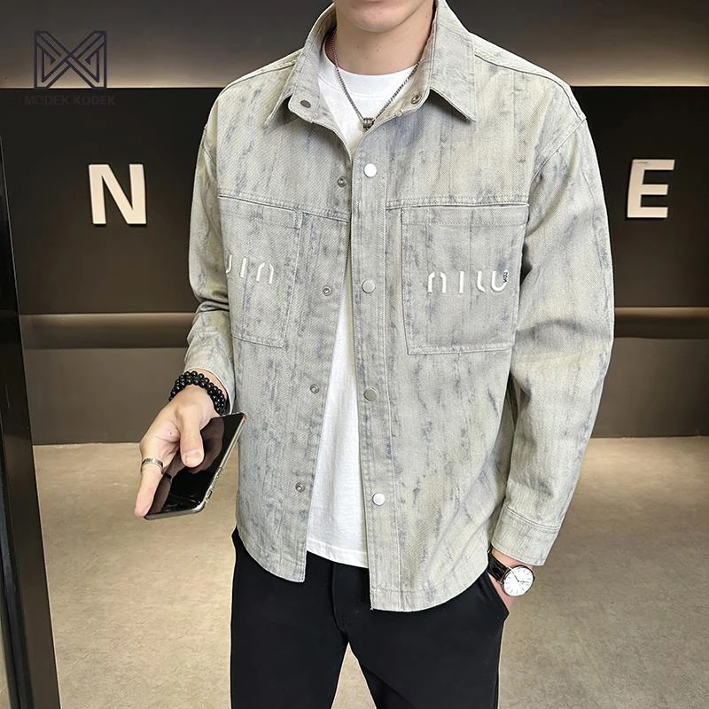 MODEK KODEK牛仔外套秋薄款翻领2025新款休闲字母刺绣牛仔褂男夹