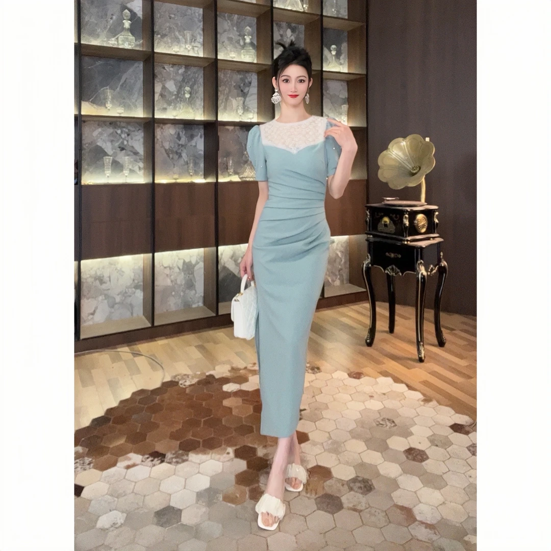31191显瘦气质性感夏季复古修身包臀长款收腰名媛设计感连衣裙