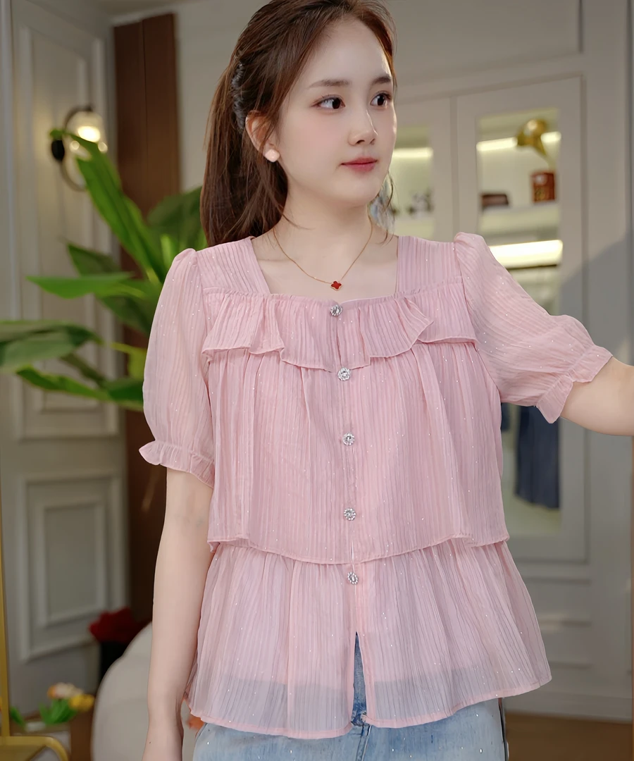 （蓓蓓）夏季新款法式洋气漂亮小衫甜美荷叶边方领小上衣仙女2858