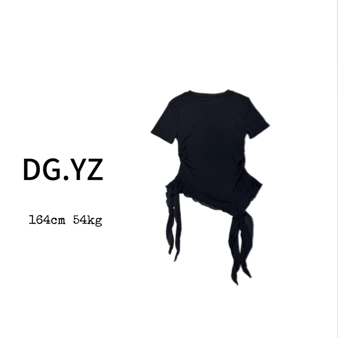 【樱子家】597N设计款收腰显瘦上衣不规则设计系带短袖上衣