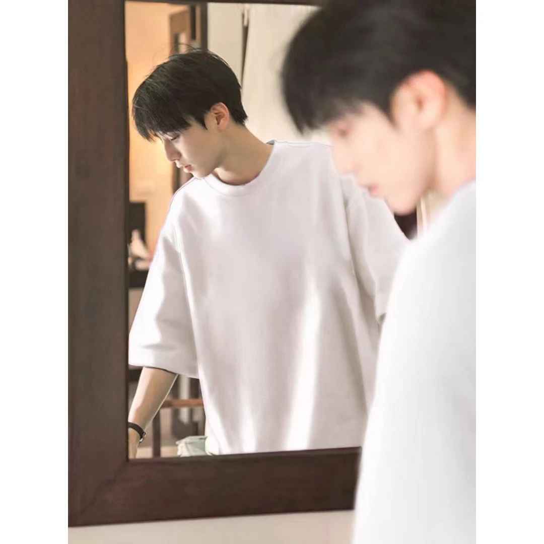 300g重磅纯棉短袖T恤纯色半袖男士夏打底小领口美式oversize上衣