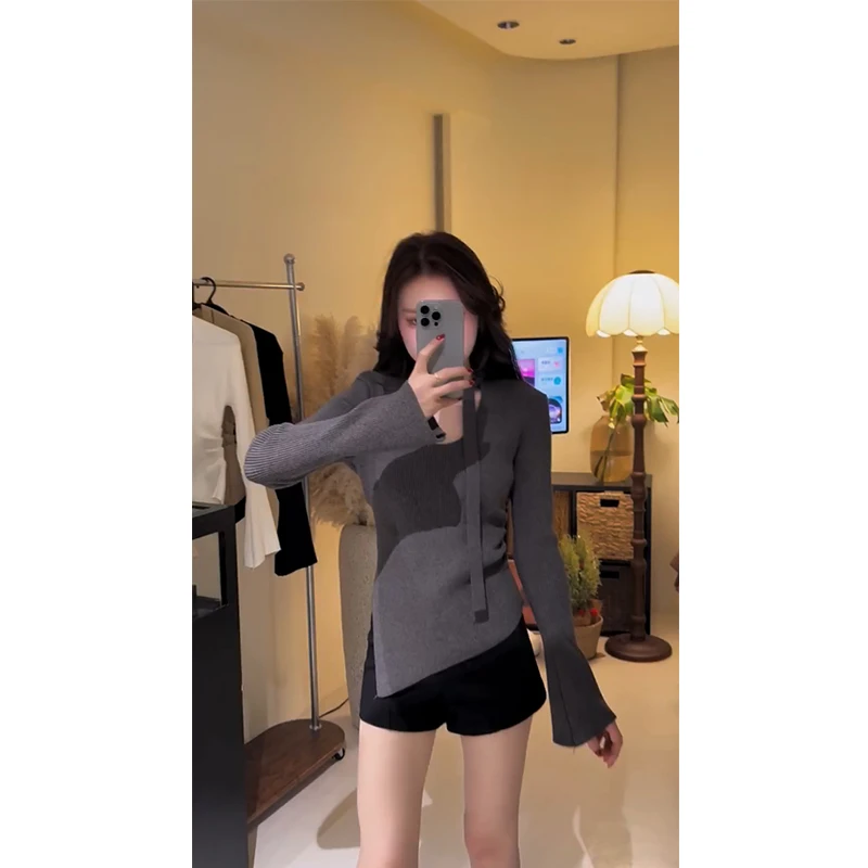 针织长袖秋冬季针织上衣女法式V领显瘦百搭女装时尚