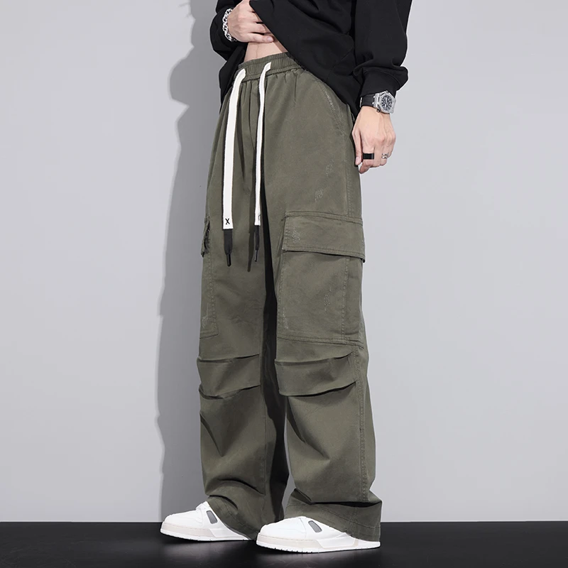 美式潮牌纯棉工装裤男春夏多口袋宽松大码直筒裤阔腿裤休闲裤