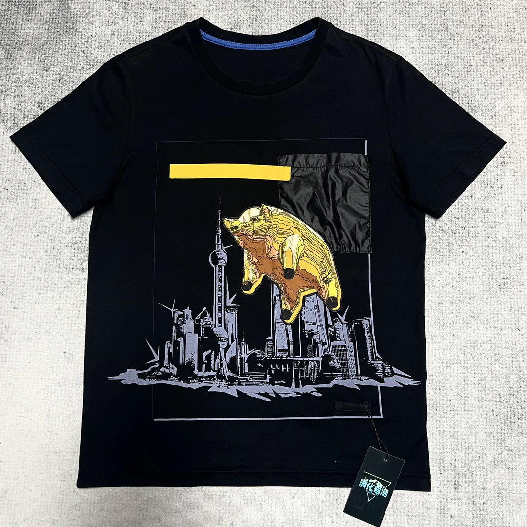 99新 Prada/普拉达 小飞猪图案贴标印花短袖/黑色S码 43450