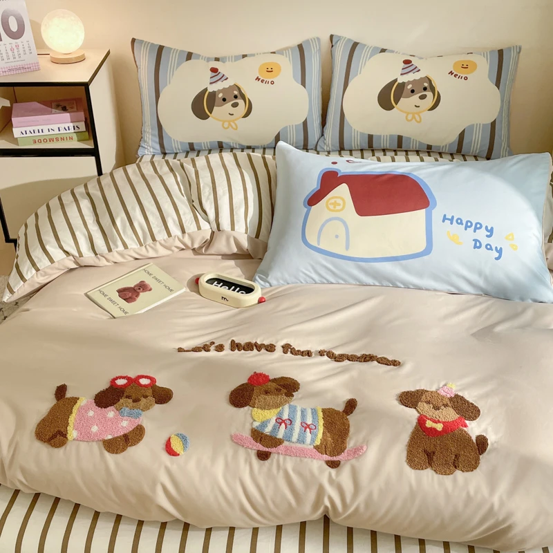 腊肠狗水洗棉毛巾绣四件套夏可爱被套床单人床上用品三件套床笠款