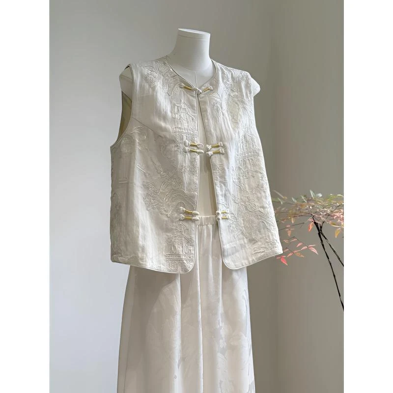 6555新中式国风马甲古风女装旗袍坎肩背心高端织锦立领提花马夹秋