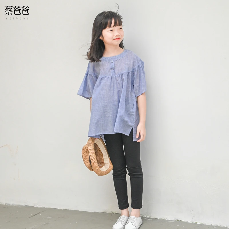 caibaba/蔡爸爸日系夏装女大童时髦蓝色条纹短袖上衣上装137+138