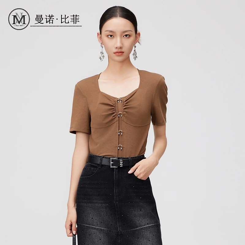 【老板娘夏天】v领褶皱正肩T恤短款上衣MFBT123291