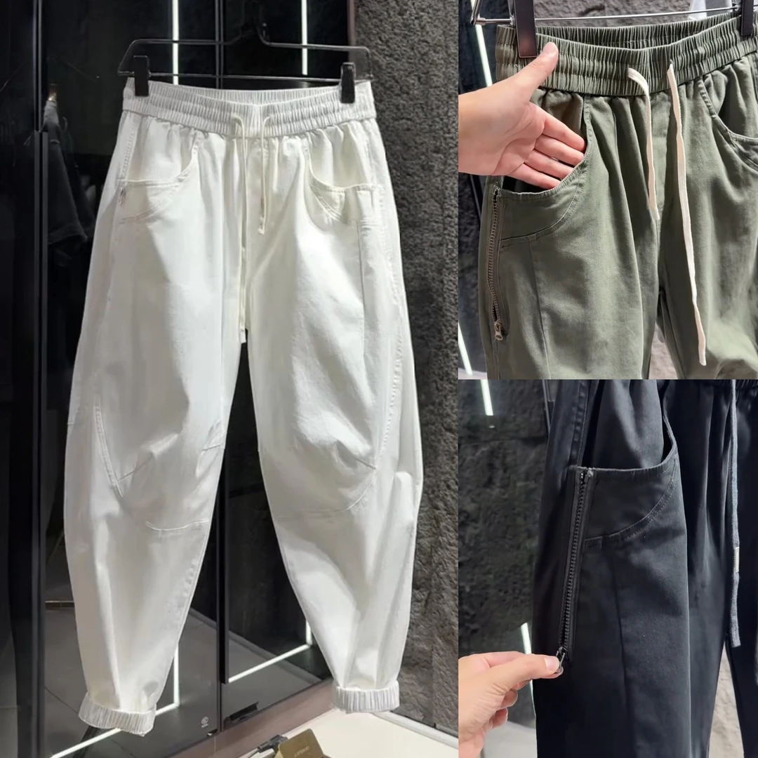 2025秋季潮牌拉链口袋弯刀休闲裤男士时尚线条拼接百搭束脚哈伦裤