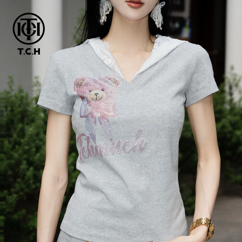 TCH私服烫钻工艺新时尚淑女百搭新潮流T恤女T75B10E5001轻奢tch