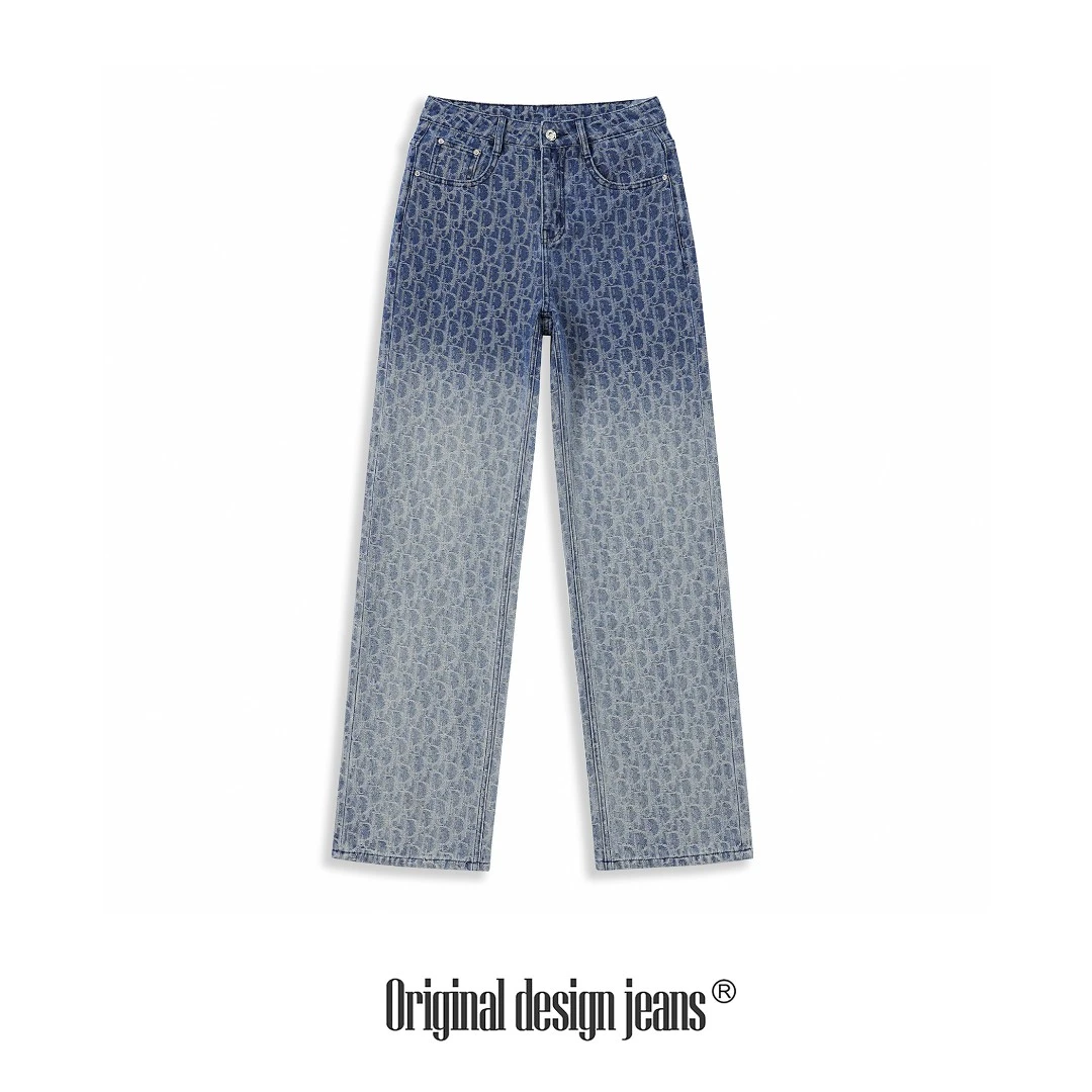 柯比琳 2025夏季新款提花渐变蓝白撞色直筒牛仔裤983052