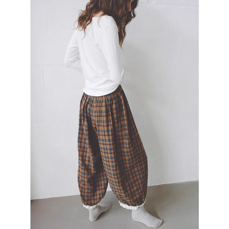 原创设计 橙格灯笼裤可外穿纯棉阔腿裤百搭家居长裤睡裤春季新款