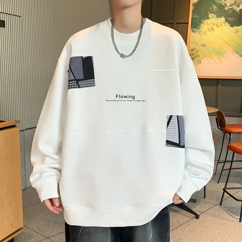 春秋季新款青少年潮流拼接圆领印花卫衣男生休闲百搭套头长袖上衣