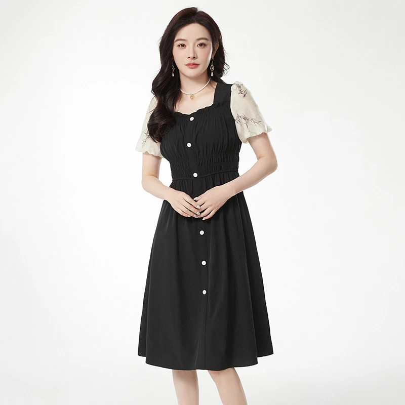 拼色短袖中长裙连衣裙专柜折扣女装2025夏52HH0A0009