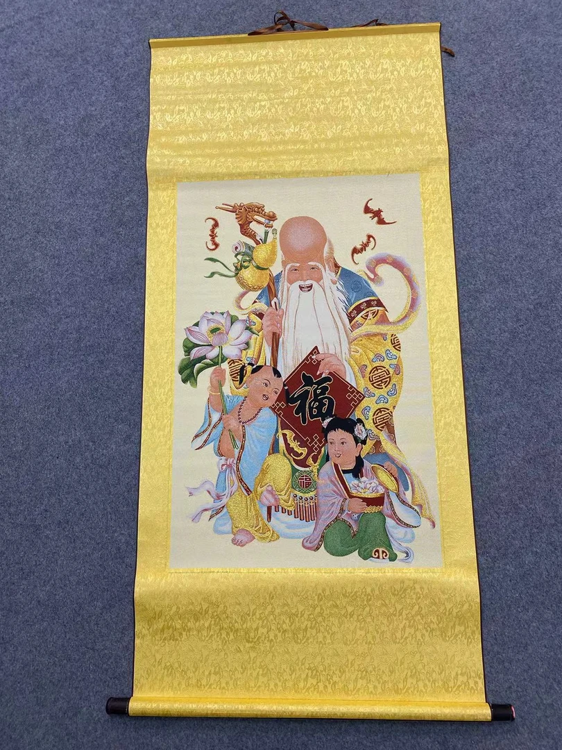 刺绣《南极寿星》中堂布面刺绣鎏金丝绸装裱尺寸155*70CM