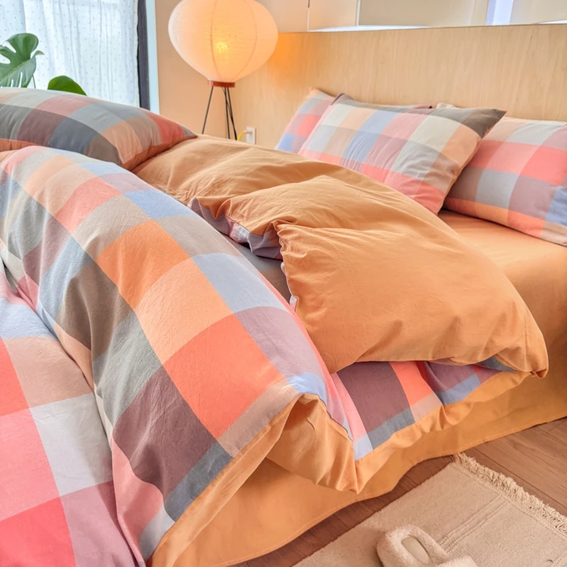 全棉色织水洗棉四件套学生宿舍三件套简约格子纯色