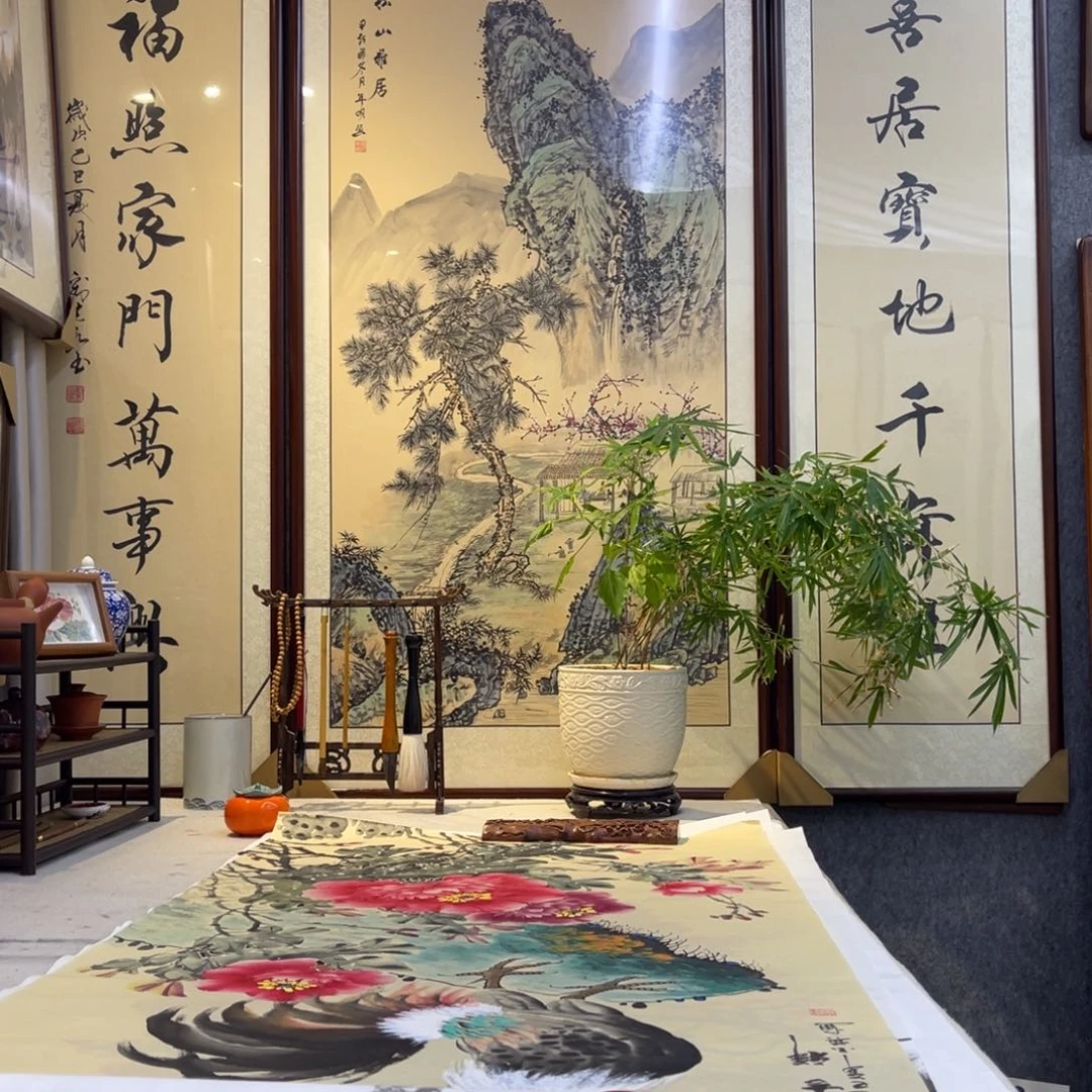 国画四尺松山雅居中堂画框164×182