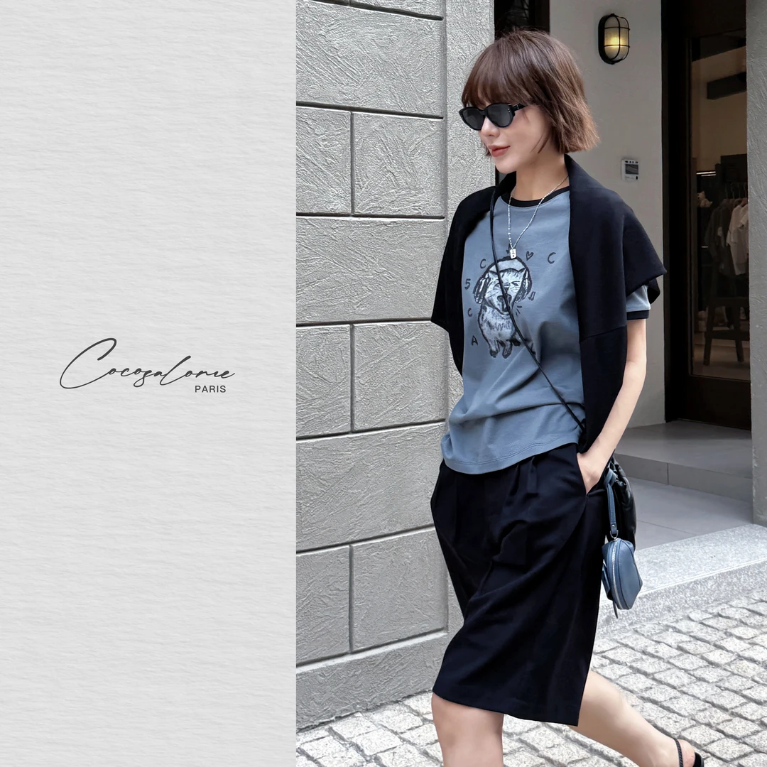 韩彬彬"简西"夏季羊毛宽松百搭直筒休五分黑色西装中裤1360-10