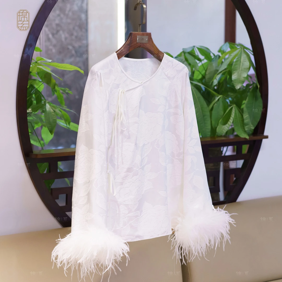 【锦系~新款】桑波缎拼鸵鸟毛新中式国风桑蚕丝长袖上衣-C-382517