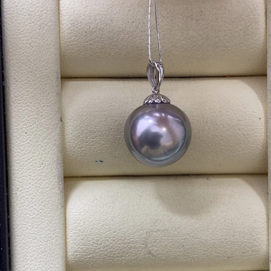 颈饰18K金镶嵌海水珍珠铂金灰吊坠12-13mm