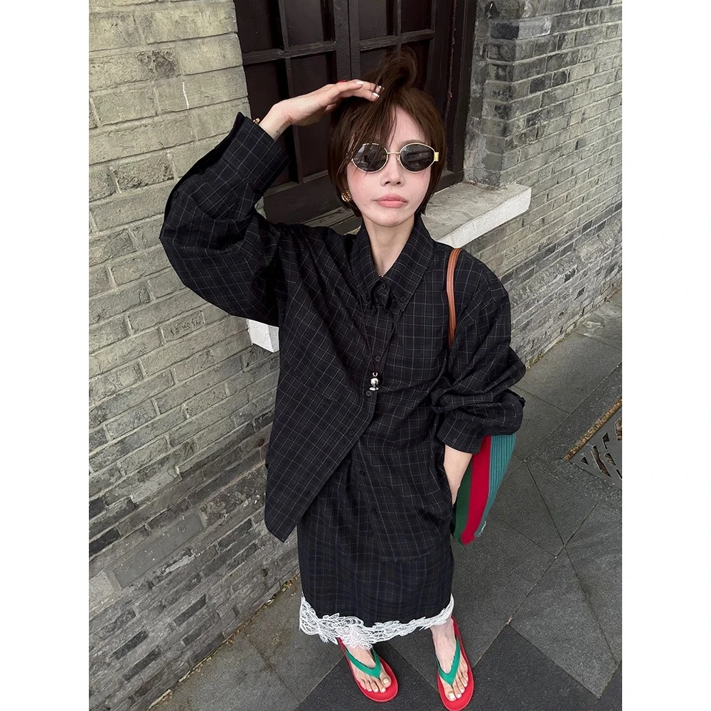 早秋慵懒宽松格纹衬衫设计感花边半身裙两件套女2025