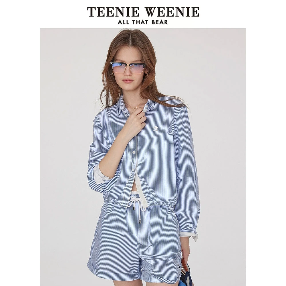 *TeenieWeenie小熊女装衬衫25夏条纹收腰短款长袖衬衣TTYA252503W