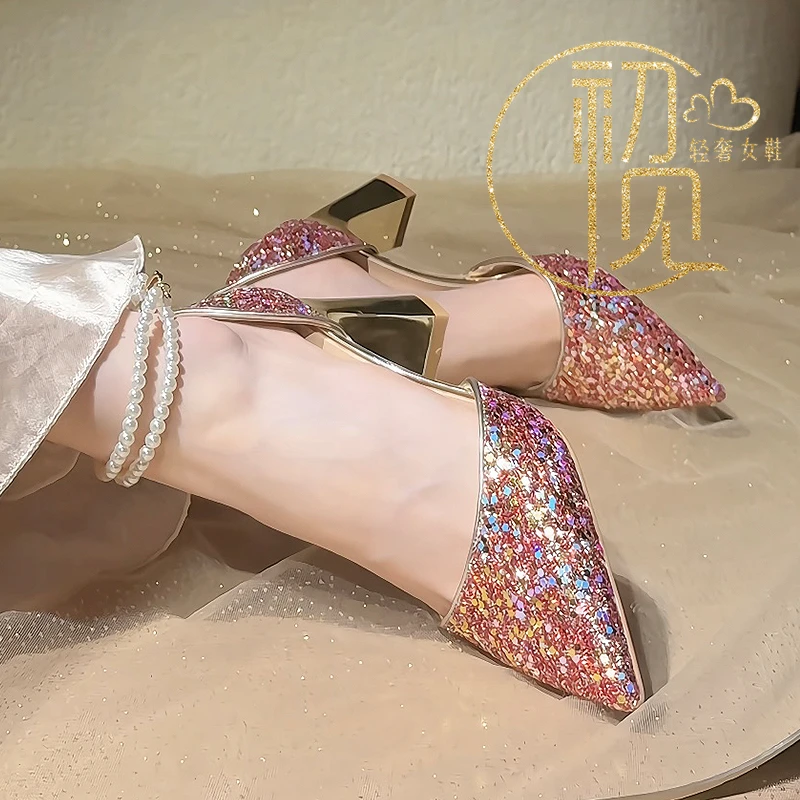 红色亮片高跟鞋法式千金风中空一字带不累脚凉鞋主纱秀禾两穿婚鞋