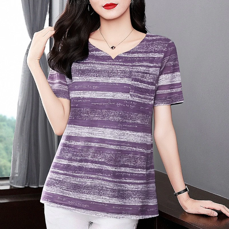 条纹T恤衫2025夏季短袖女士宽松圆领休闲新款印花小上衣显瘦女装