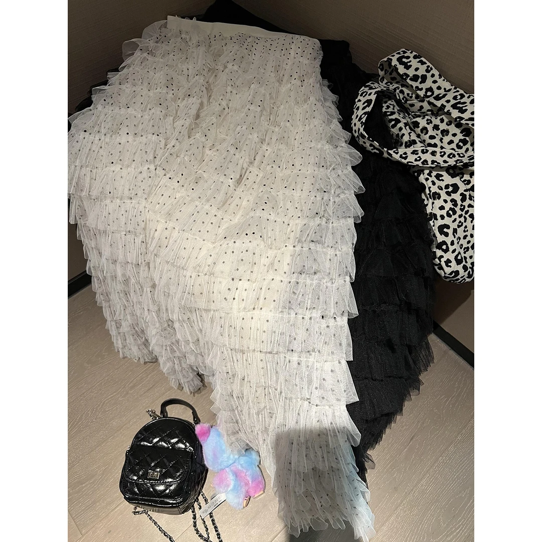 仙气重工网纱蛋糕裙半身裙女春秋长款及踝荷叶边波点高腰大摆长裙