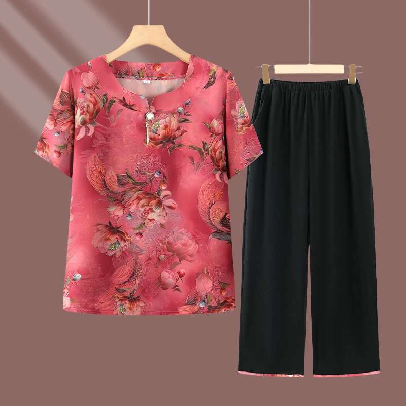 妈妈装夏款短袖洋气套装中老年奶奶装两件套舒适气质宽松夏季套装
