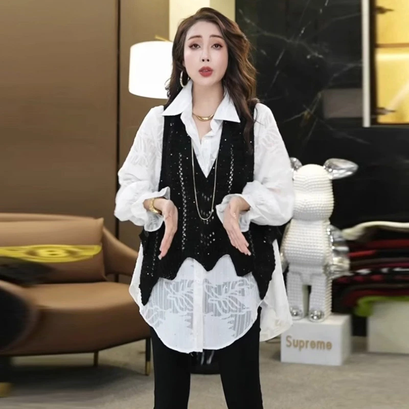 白色设计感提花长袖衬衫套装2024新款女春季不规则针织背心两件套