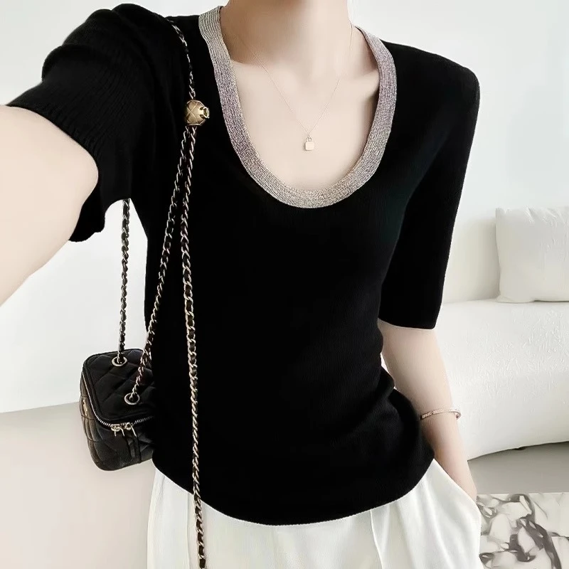 黑色U领闪钻正肩短袖t恤女2025夏季气质时尚小衫修身显瘦针织上衣