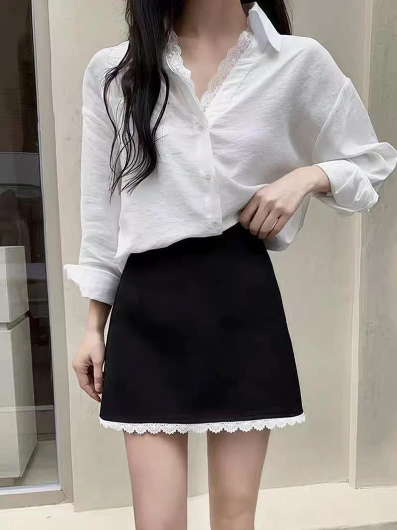 蕾丝花边拼接西装半身裙女2025春新款高腰显瘦包臀a字裙一步短裙