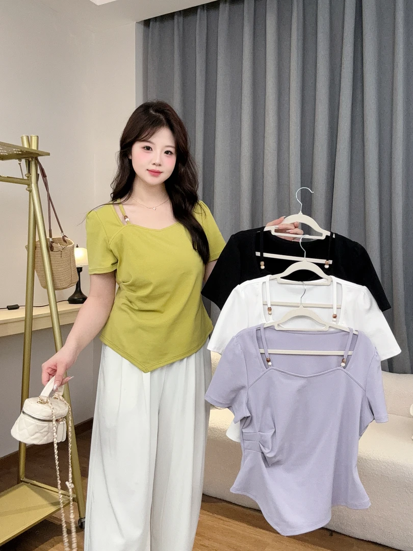 大码胖mm2025夏季新款法式串珠V领正肩T恤不规则修身显瘦上衣女