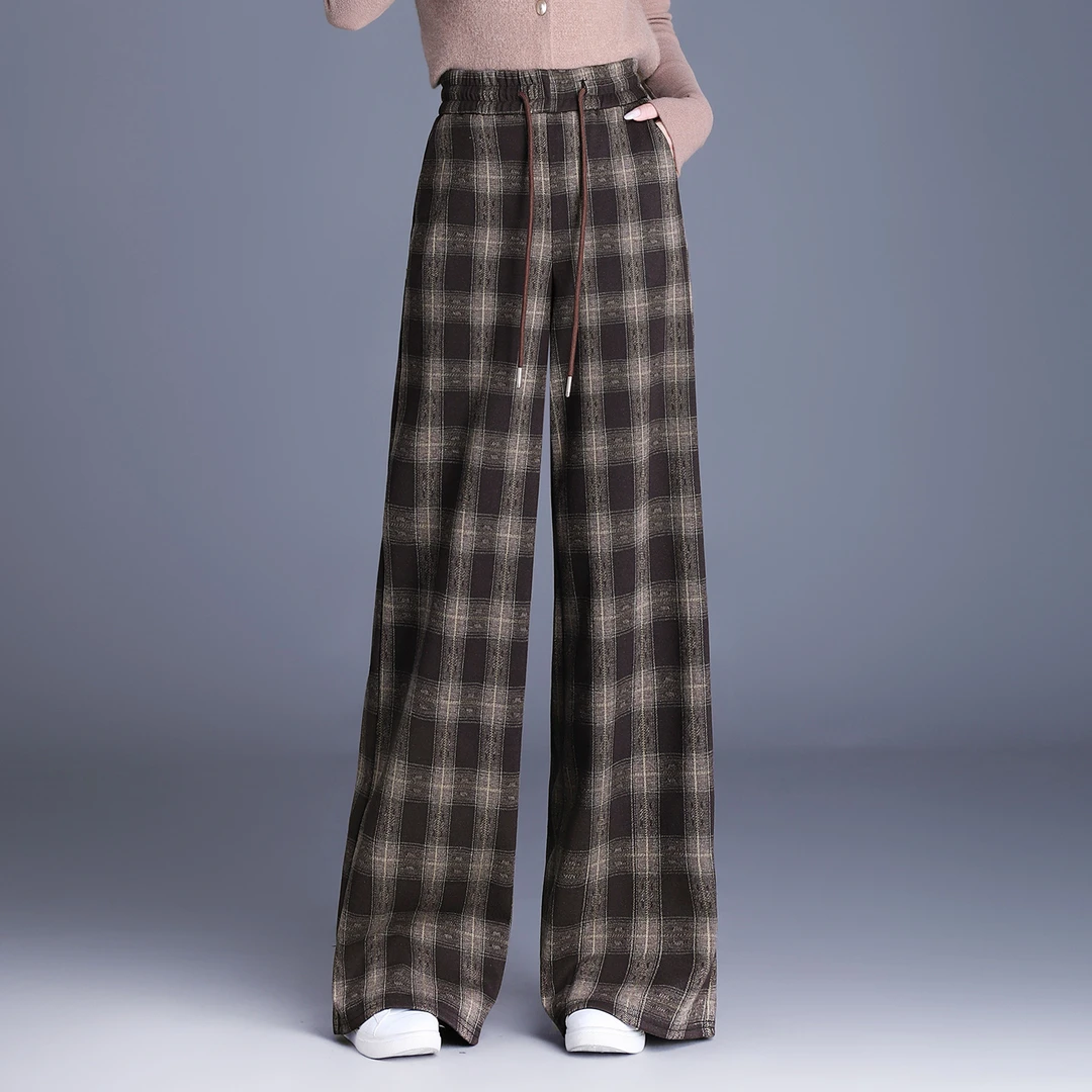 正品高端时尚咖色格子阔腿裤女秋冬2025新款高腰宽松直筒拖地裤子