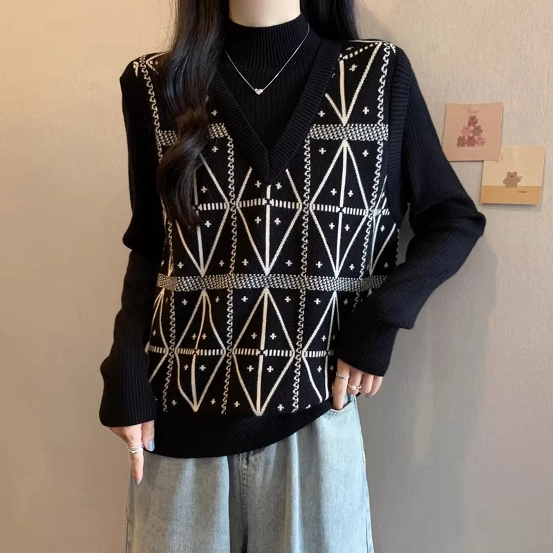 胖mm大码假两件提花针织衫毛衣女秋冬季显瘦黑色半高领打底衫上衣