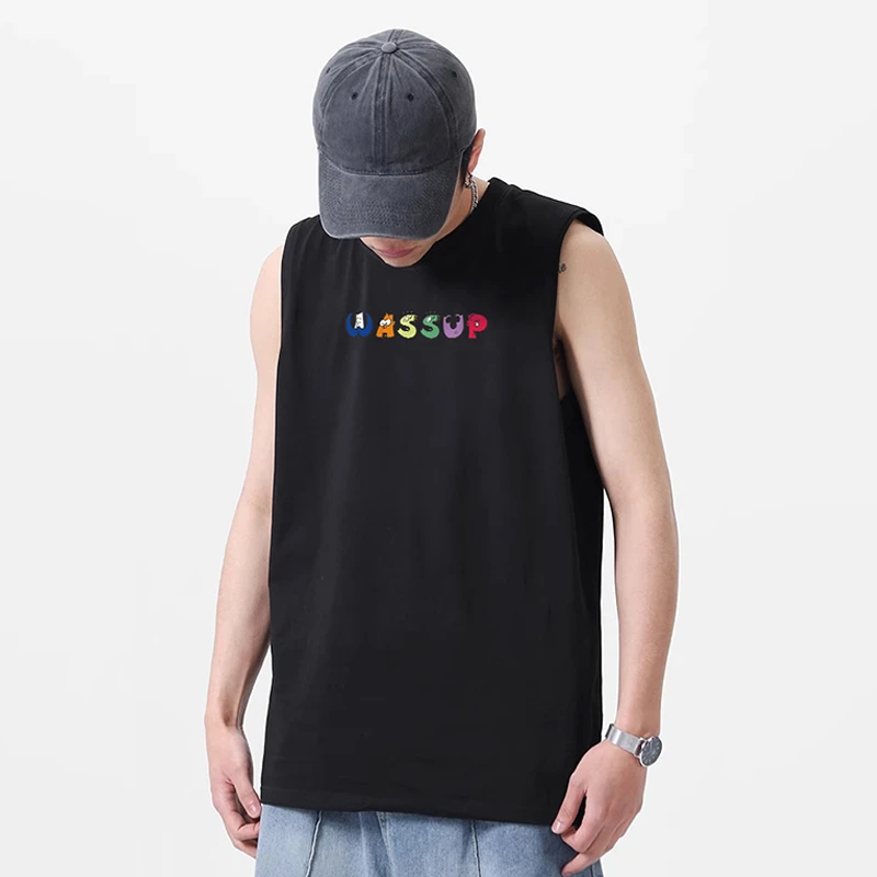 WASSUP宽松男士背心夏季2025新款运动健身纯棉休闲圆领无袖上衣服