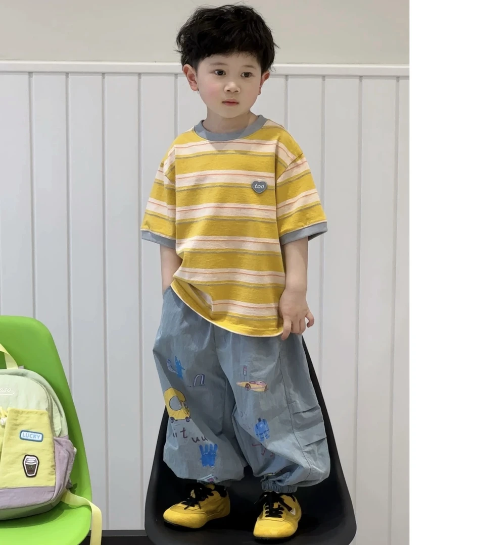 男童夏装套装2025新款儿童条纹短袖T袖印花速干防蚊裤韩版两件套