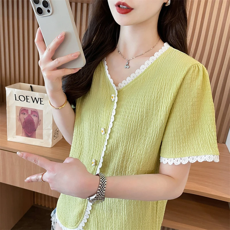 蕾丝花边短袖t恤女2025新款夏季韩版宽松设计感小众小个子上衣服