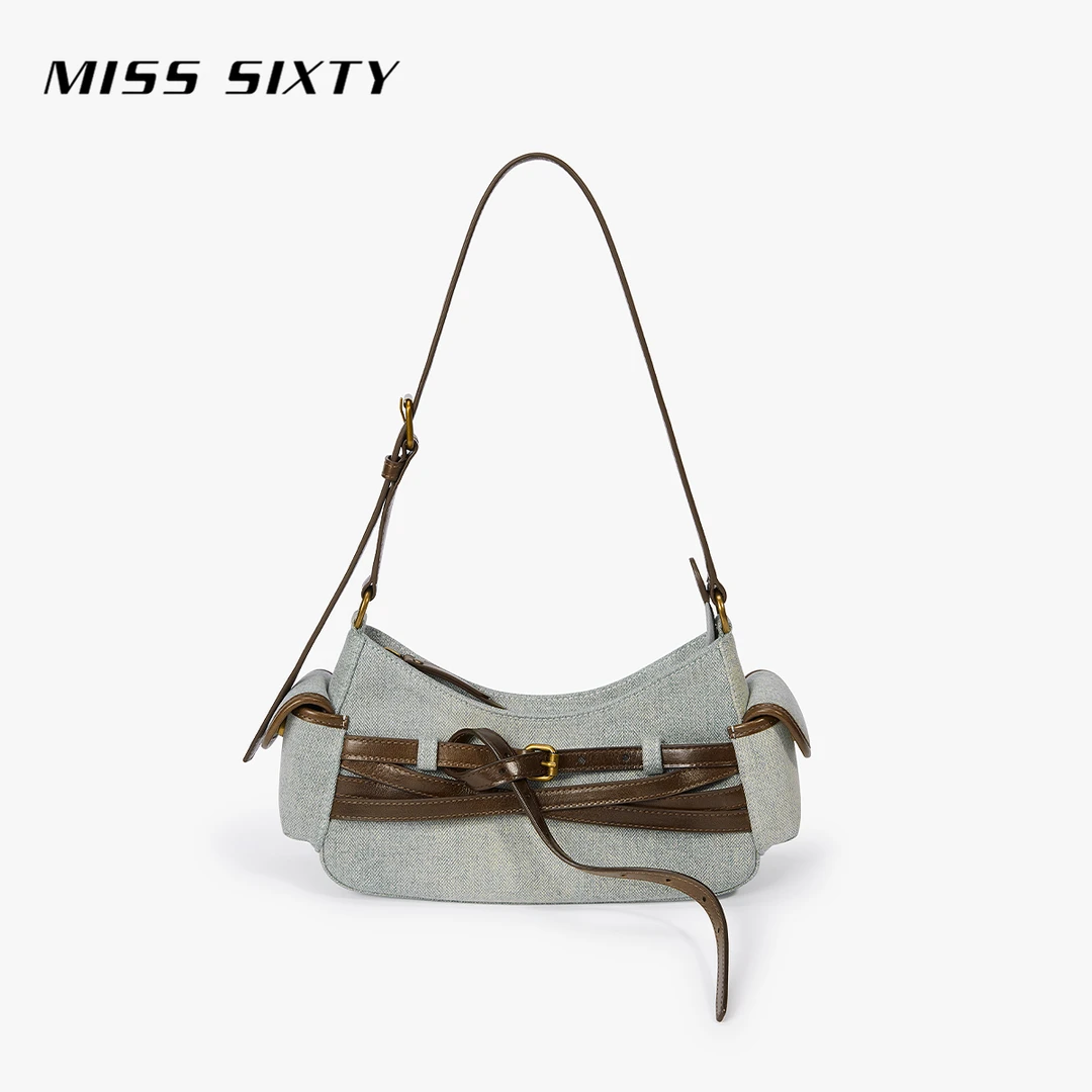 Miss Sixty2026春季新款单肩包女复古袢带拼接牛仔机车风新月包